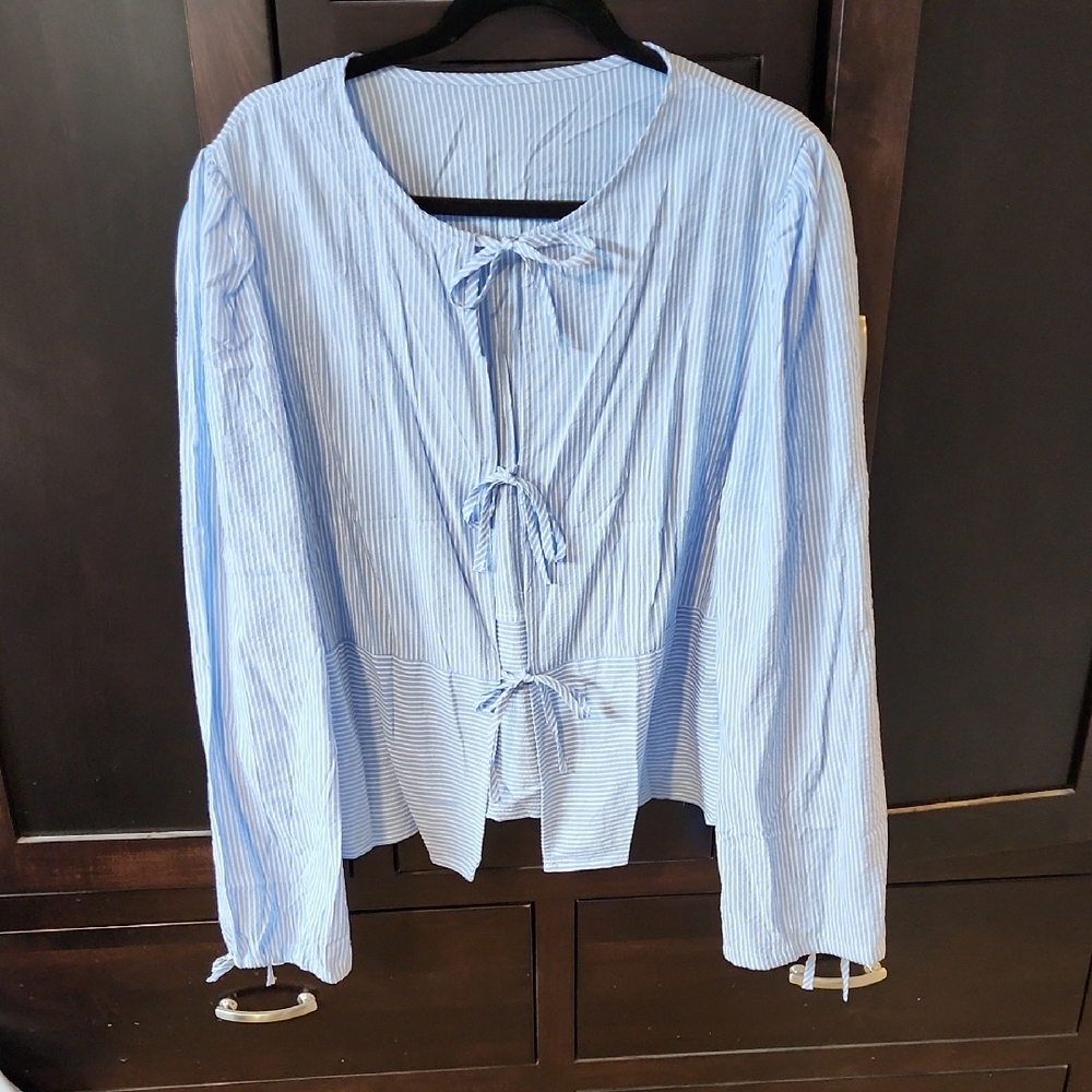 NWOT Powder Blue Relaxed Tie Front Blouse